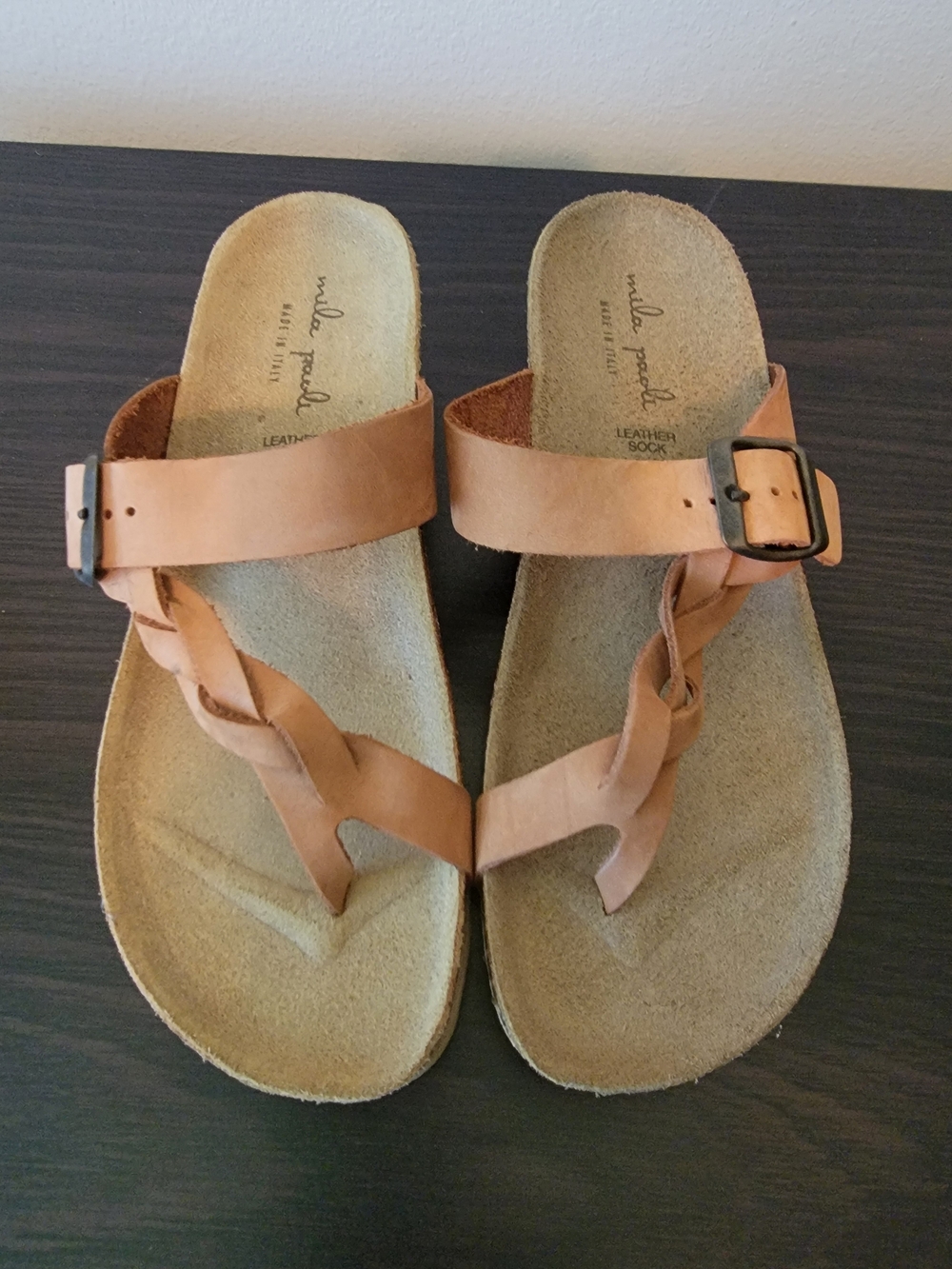 Mia Pourla Tan Leather Braided Thong Sandal - Tan